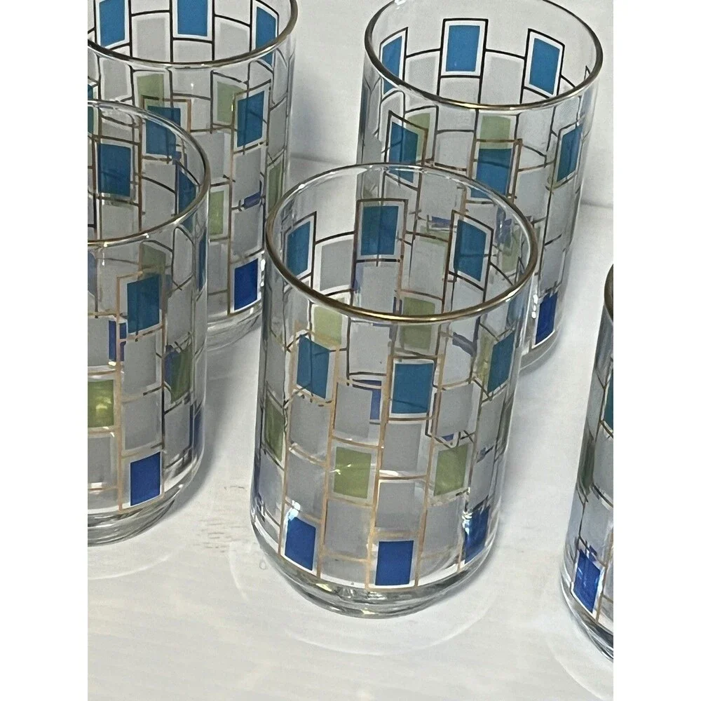 Vintage Mid Century Libbey Juice Cocktail Glasses Nordic Pattern W/Gold Trim